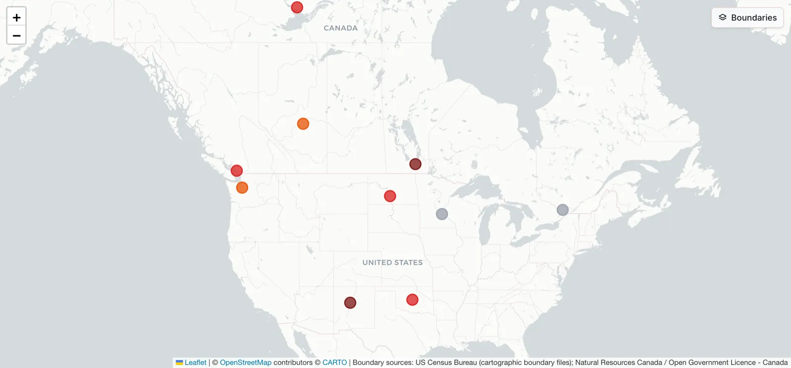 The Marked in Red awareness map, showing sample case markers across the United States and Canada.